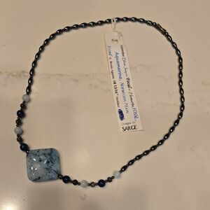 NWTGenuine Blue Jasper Focal Hematite Fossil Aquamarine Norwegian Moon Necklace